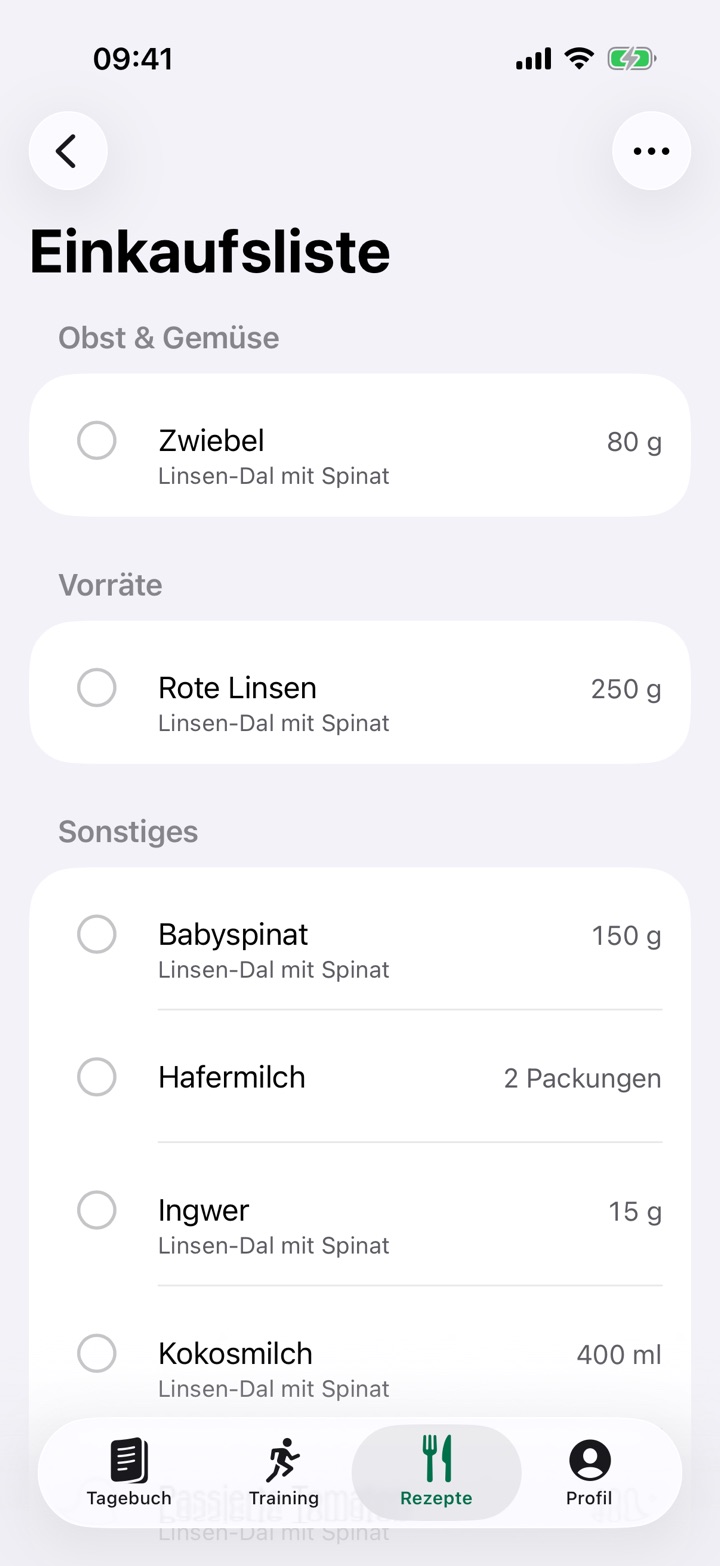 Einkaufsliste, sortiert nach Obst und Gemüse, Vorräten und Sonstigem, mit den Zutaten für ein Linsen-Dal.