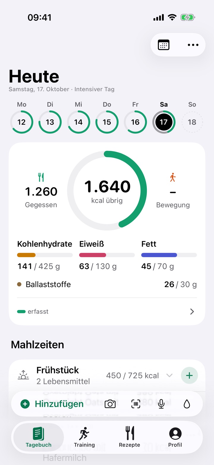 Das Tagebuch in Tracki: 1.640 kcal übrig, Kohlenhydrate, Eiweiß und Fett, darunter die Mahlzeiten des Tages.