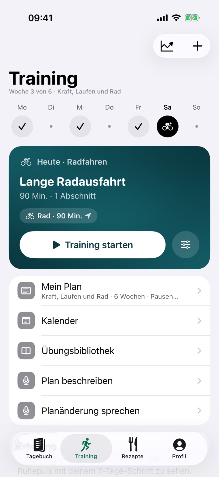 Training: die heutige Einheit „Lange Radausfahrt“ mit Start-Knopf, darüber die Wochenleiste.